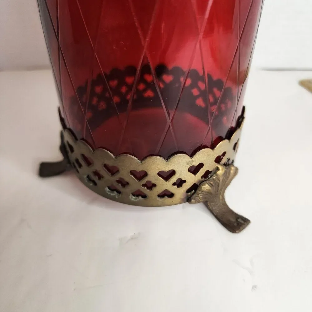 Vintage Bohemian Footed Ruby Red Diamond Cut w/Brass  Trim 7